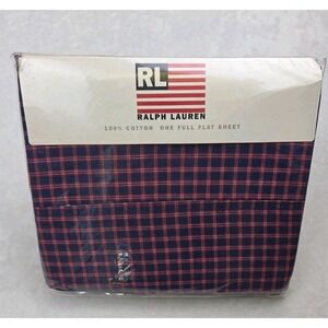 1 Vintage Ralph Lauren "Mackinaw Plaid Blue" 1996 Flat Sheet Red Cabin‎ Home NOS